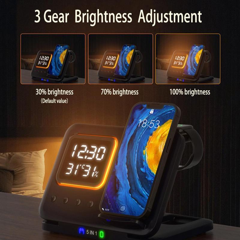 5-in-1 Wireless Charging Stand - 15W Fast Charger & LED Alarm Clock