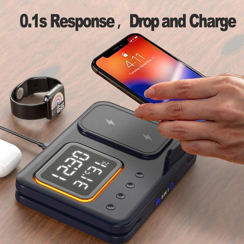 5-in-1 Wireless Charging Stand - 15W Fast Charger & LED Alarm Clock