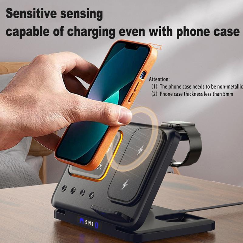 5-in-1 Wireless Charging Stand - 15W Fast Charger & LED Alarm Clock