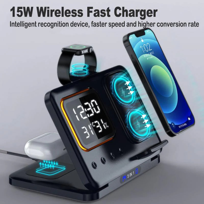 5-in-1 Wireless Charging Stand - 15W Fast Charger & LED Alarm Clock