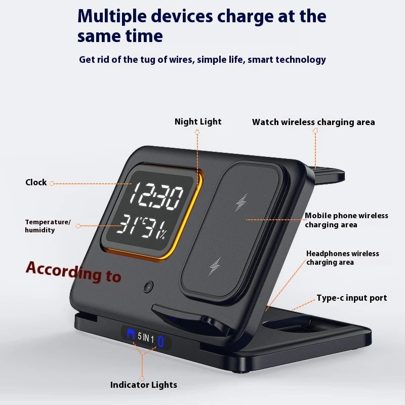 5-in-1 Wireless Charging Stand - 15W Fast Charger & LED Alarm Clock