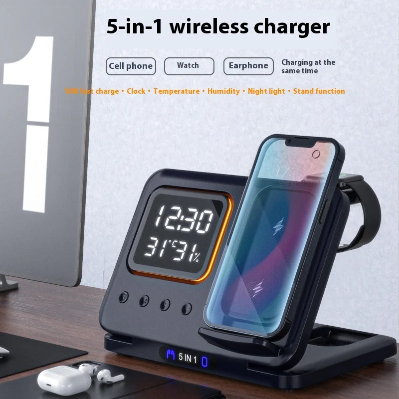 5-in-1 Wireless Charging Stand - 15W Fast Charger & LED Alarm Clock