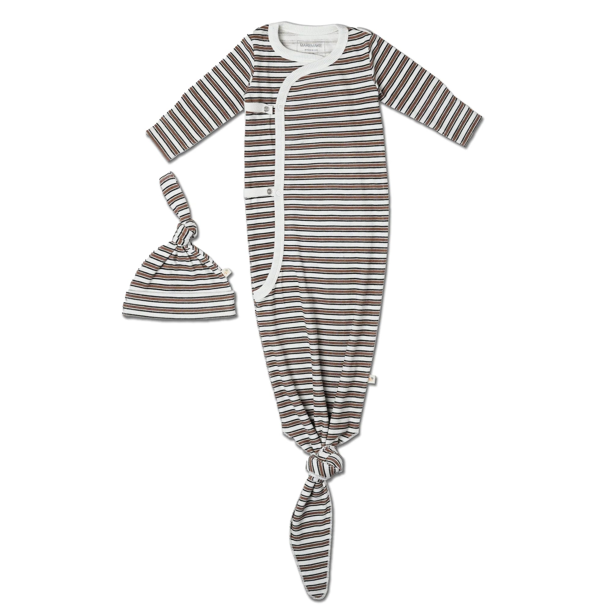 Organic Kimono Knotted Sleep Gown - Brown Stripe