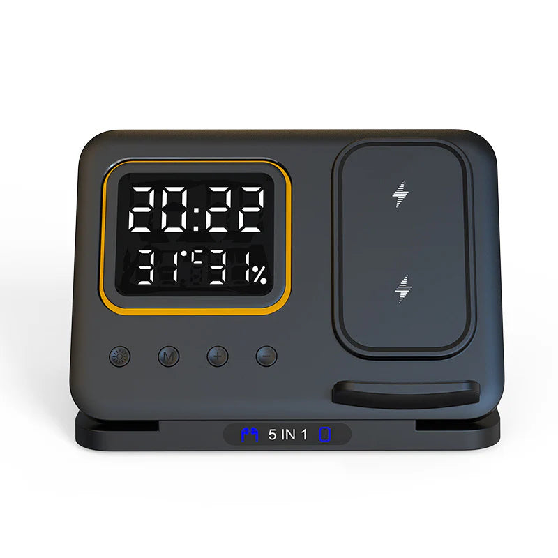 5-in-1 Wireless Charging Stand - 15W Fast Charger & LED Alarm Clock