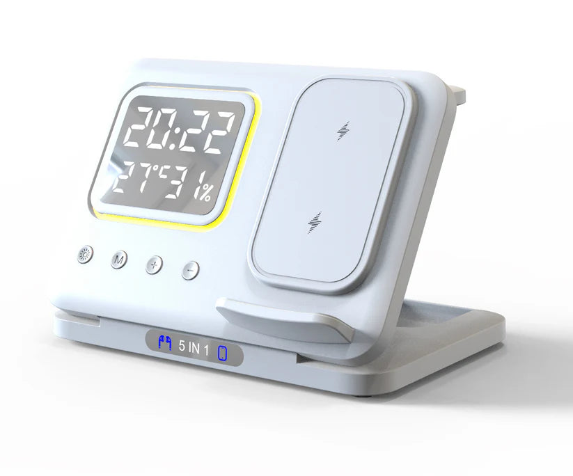 5-in-1 Wireless Charging Stand - 15W Fast Charger & LED Alarm Clock