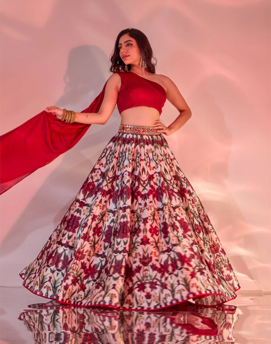 Designer Kairah Lehenga Set in Red Silk with Handcrafted Belt & One-Shoulder Draped Blouse