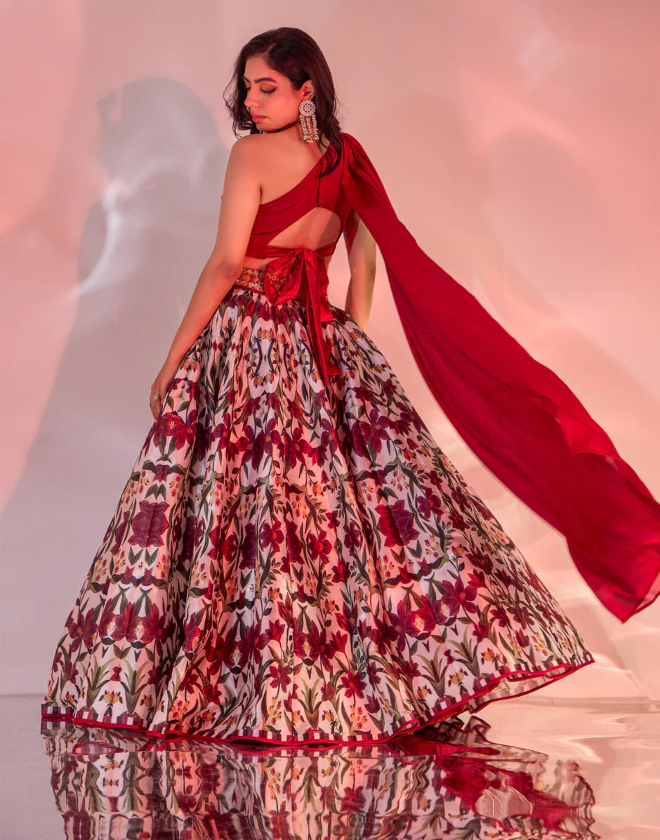 Designer Kairah Lehenga Set in Red Silk with Handcrafted Belt & One-Shoulder Draped Blouse