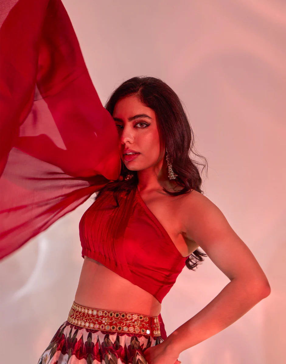 Designer Kairah Lehenga Set in Red Silk with Handcrafted Belt & One-Shoulder Draped Blouse