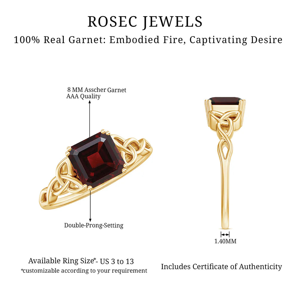 Certified 8 MM Asscher Cut Solitaire Garnet Celtic Engagement Ring