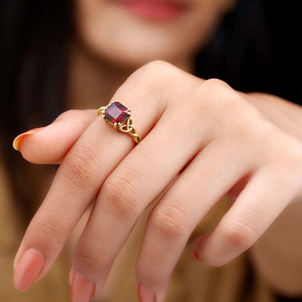 Certified 8 MM Asscher Cut Solitaire Garnet Celtic Engagement Ring