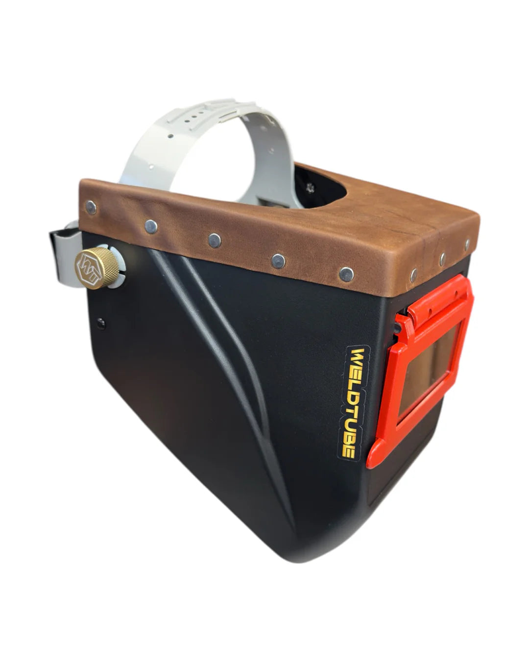 READY TO SHIP - Sprayed LowPRO Convertible, Racer Red Flip-Front with Crazy Horse Brown Leather Top, Welding Helmet