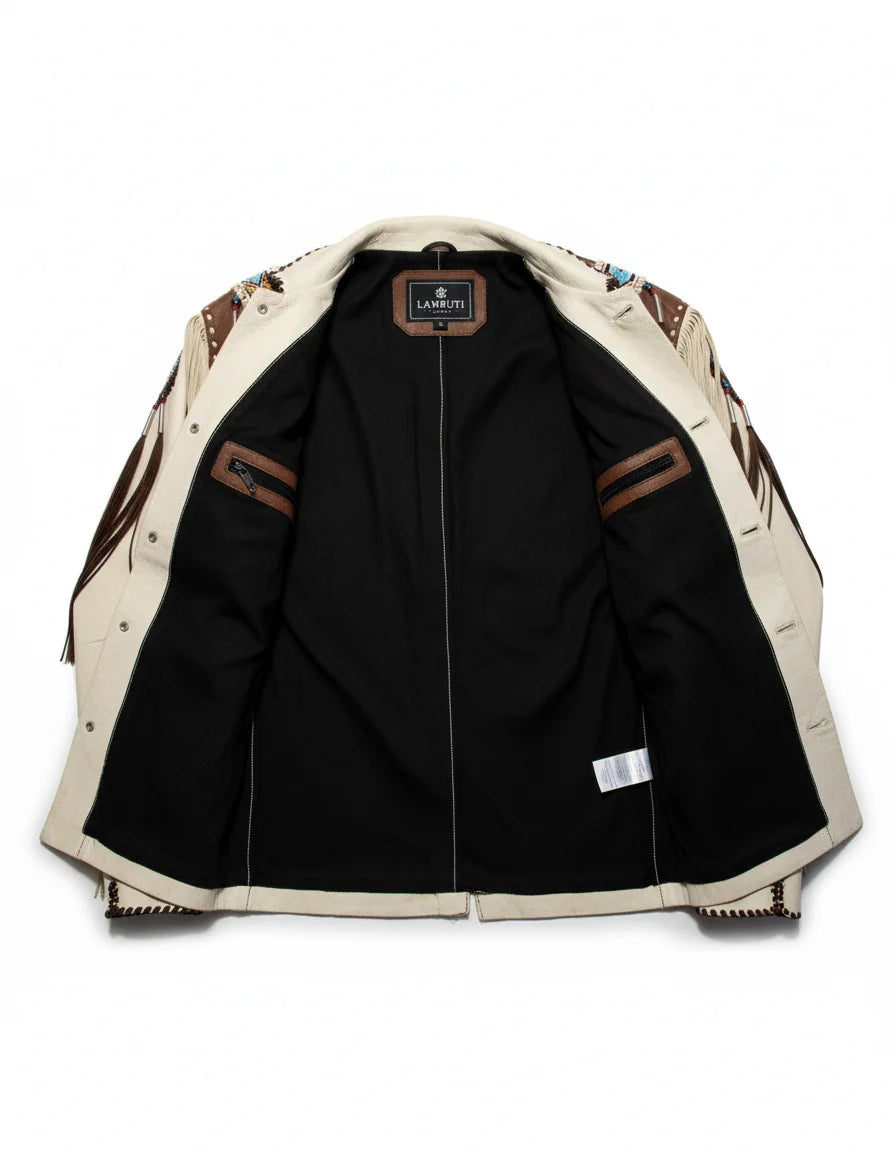 Handmade Men Beige Finished Cow Leather Jacket Beads & Long Fringe Work On Jackets