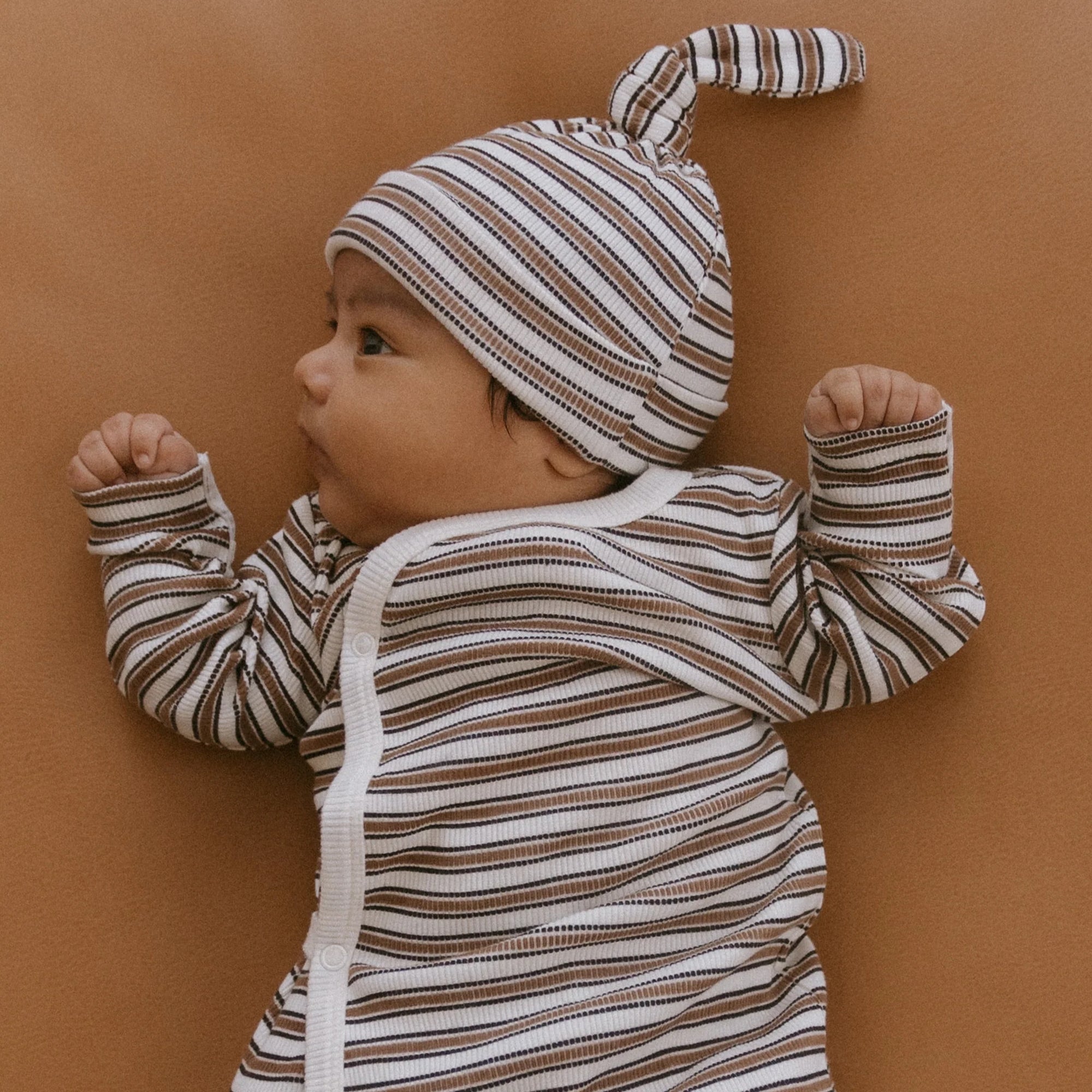 Organic Kimono Knotted Sleep Gown - Brown Stripe