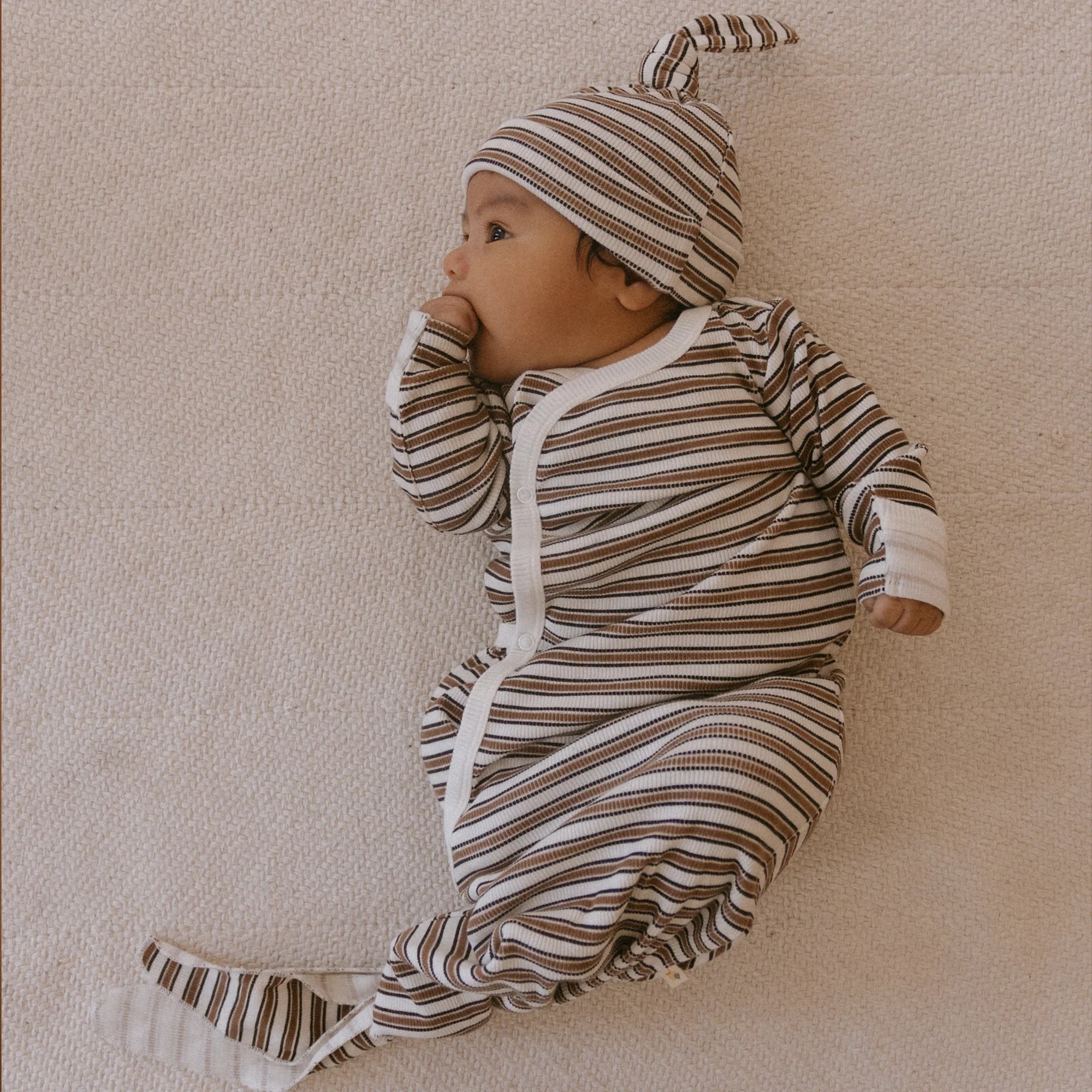 Organic Kimono Knotted Sleep Gown - Brown Stripe