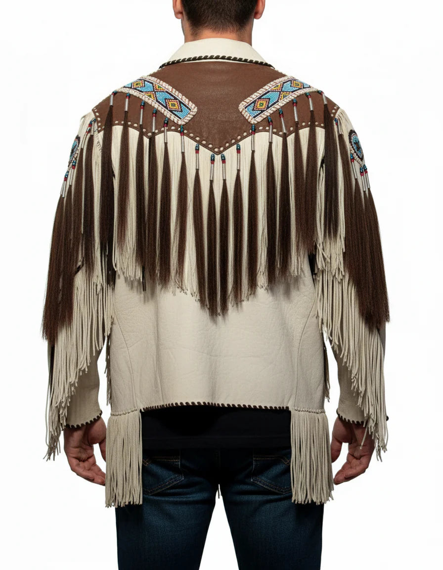 Handmade Men Beige Finished Cow Leather Jacket Beads & Long Fringe Work On Jackets