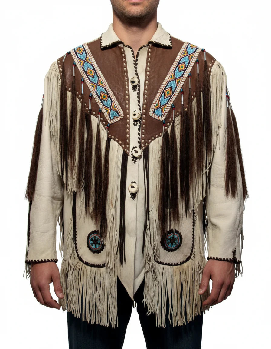 Handmade Men Beige Finished Cow Leather Jacket Beads & Long Fringe Work On Jackets